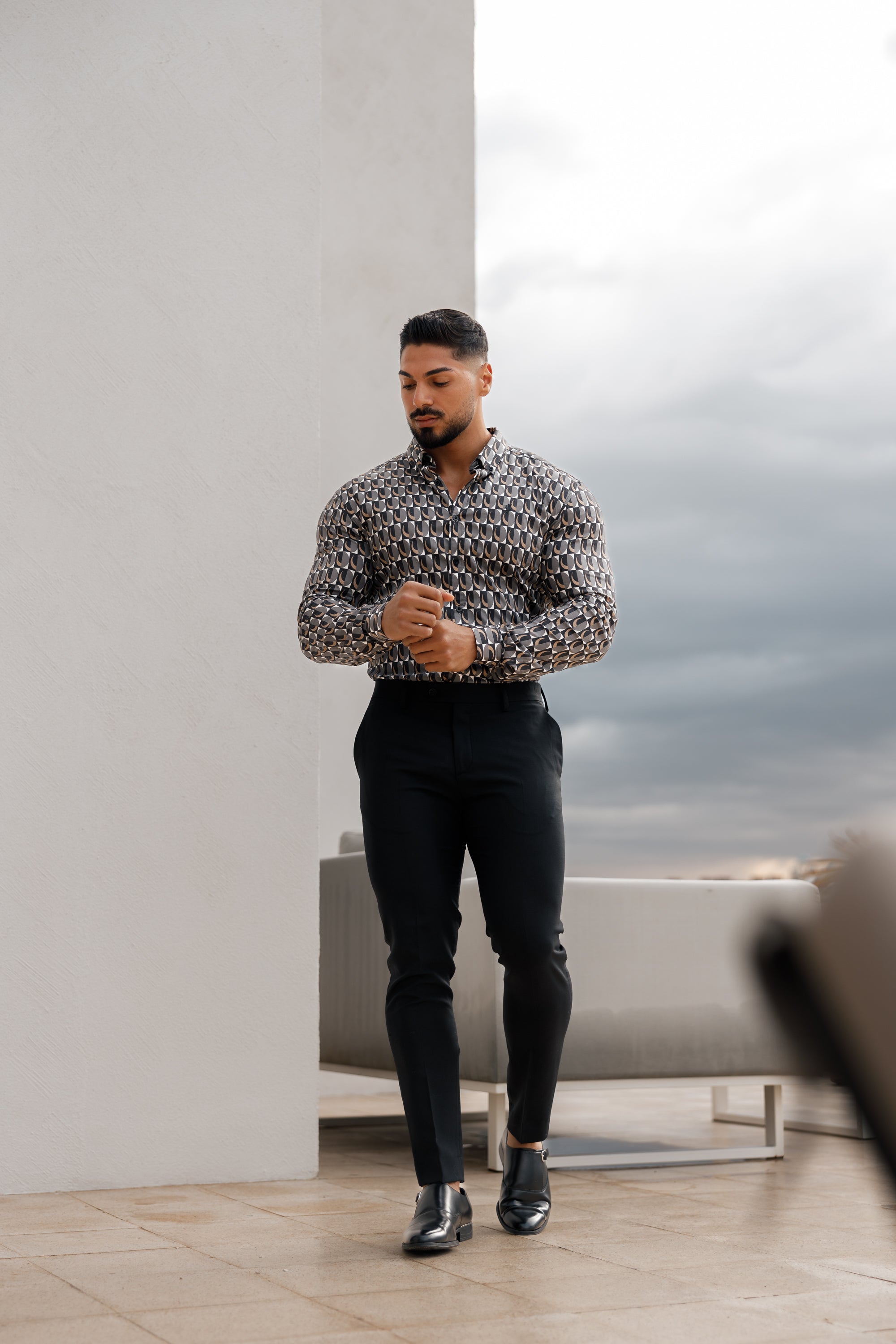 Super Slim Stretch Black Multi Retro Print Long Sleeve with Button Down Collar - FS910