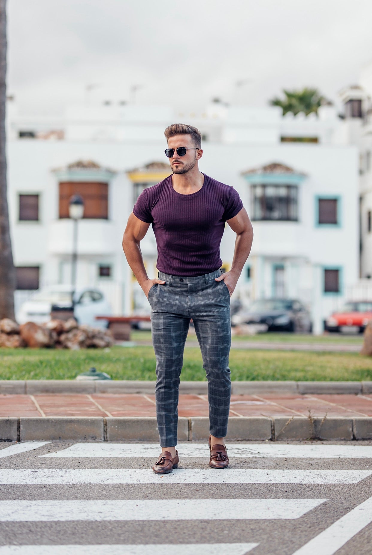 Classic Plum Ribbed Knit Super Slim Short Sleeve Crew - FSH616