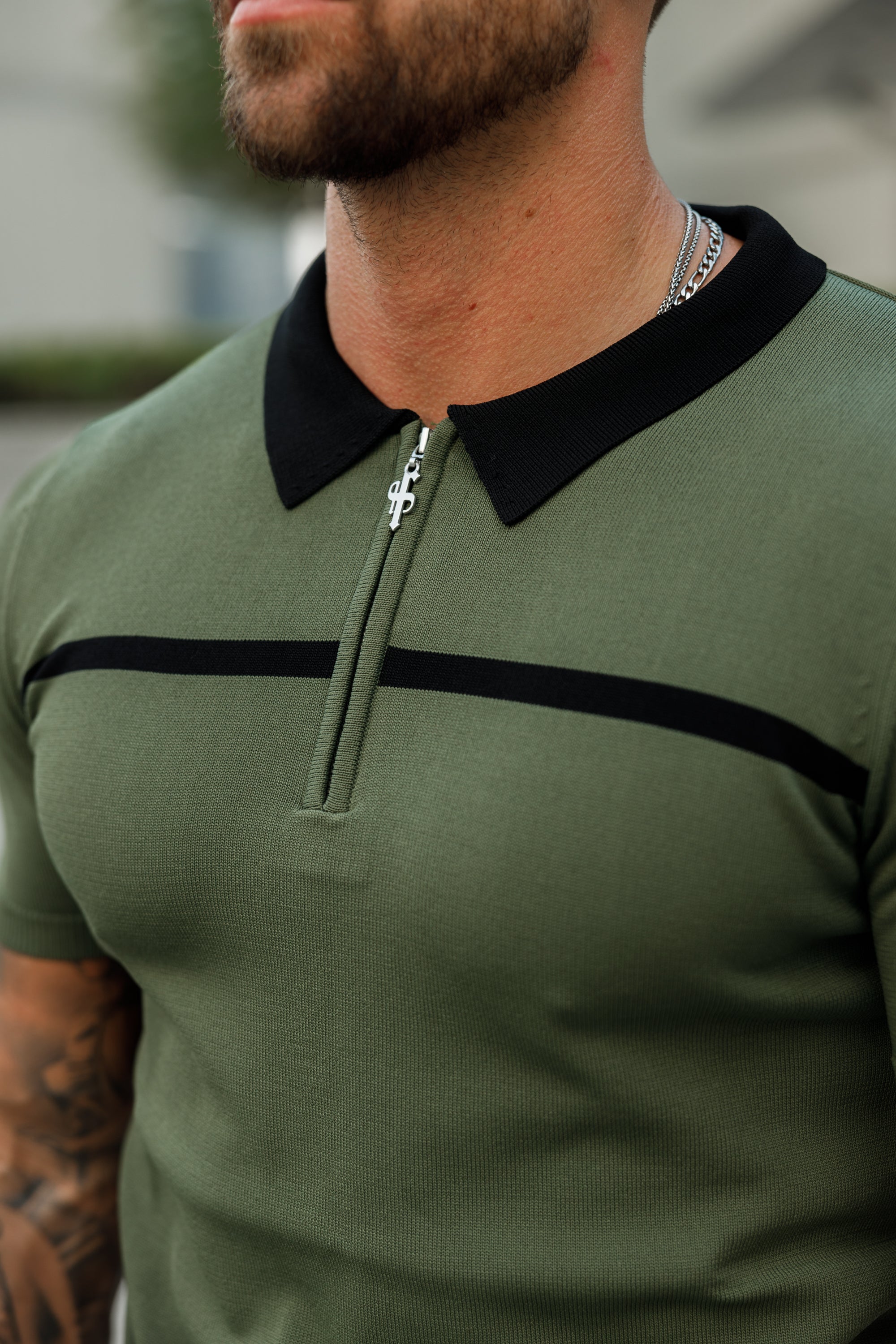 Classic Khaki / Black Horizontal Stripe Zipped Polo Short Sleeve - FSN042