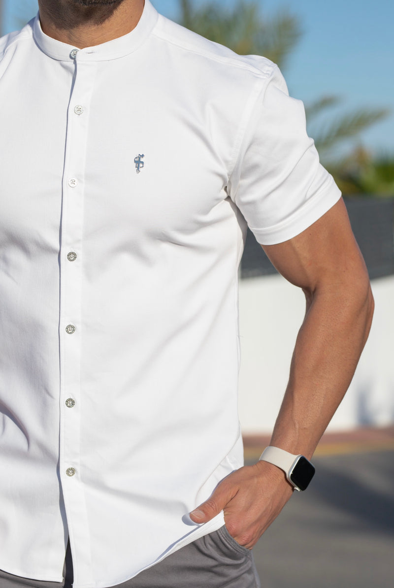 Father Sons Super Slim Stretch White Denim Short Sleeve Grandad collar with Silver Metal Buttons and Decal Emblem - FS762