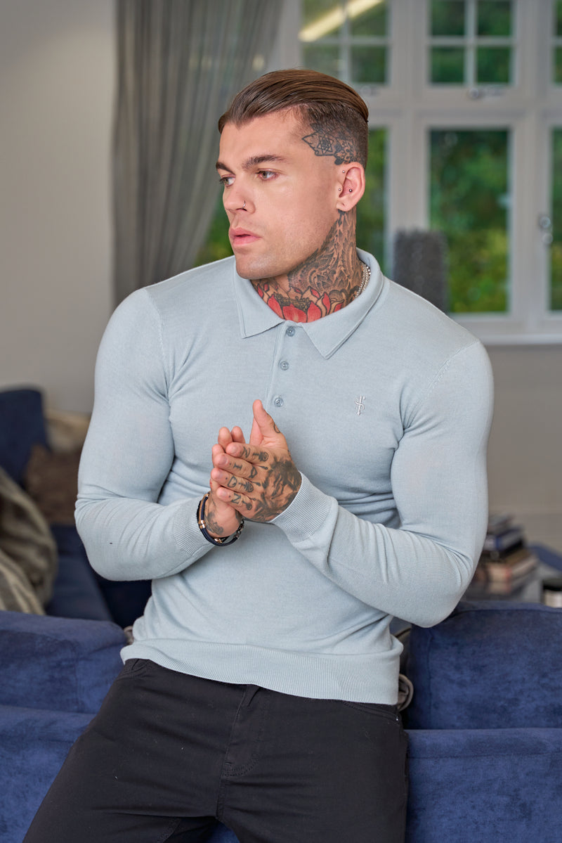 Father Sons Classic Grey Merino Wool Knitted Polo Sweater Long Sleeve With FS Embroidery- FSN017