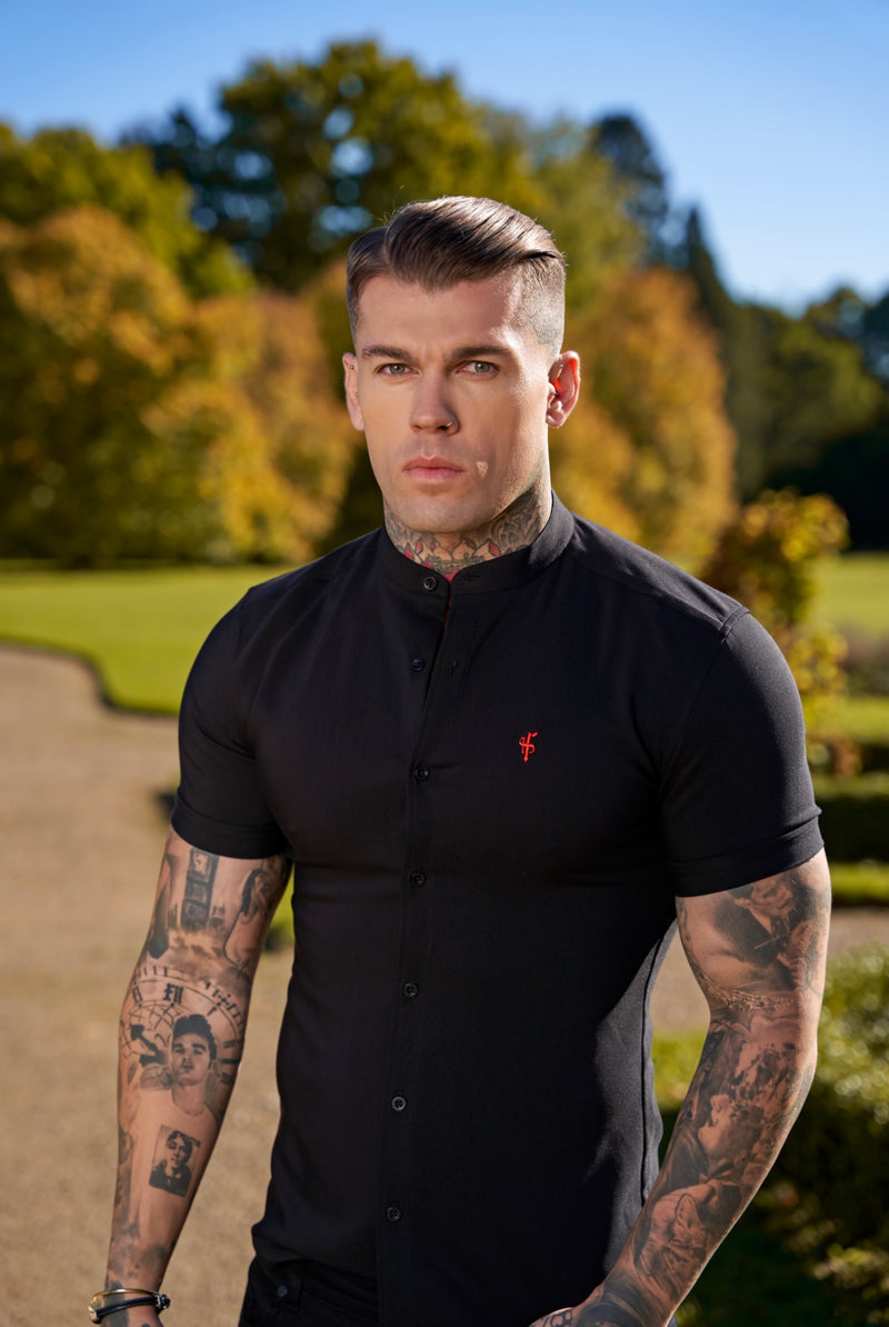 Father Sons Super Slim Scuba Black Short Sleeve Stretch With Grandad Collar - FS930