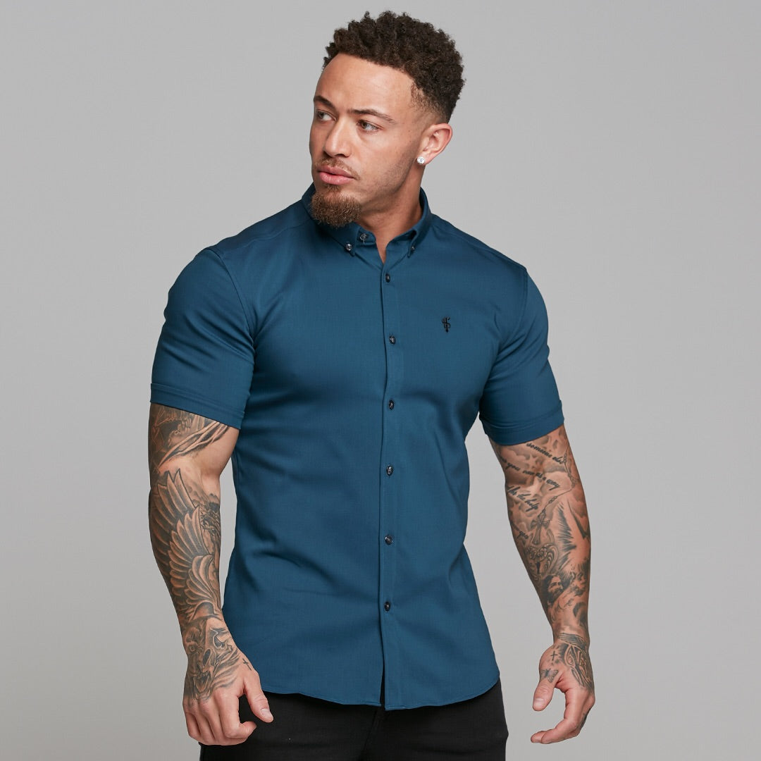 Super Slim Ultra Stretch Classic Teal Short Sleeve (Charcoal Buttons) -  FS485