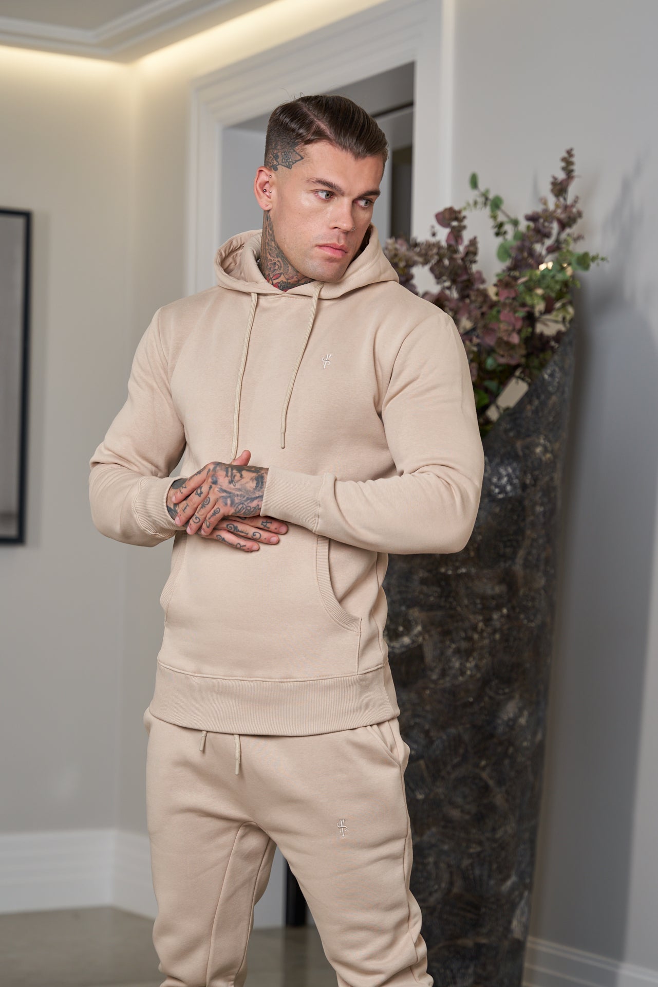 Beige Kangaroo Hoodie Top with FS Embroidery - FSH695