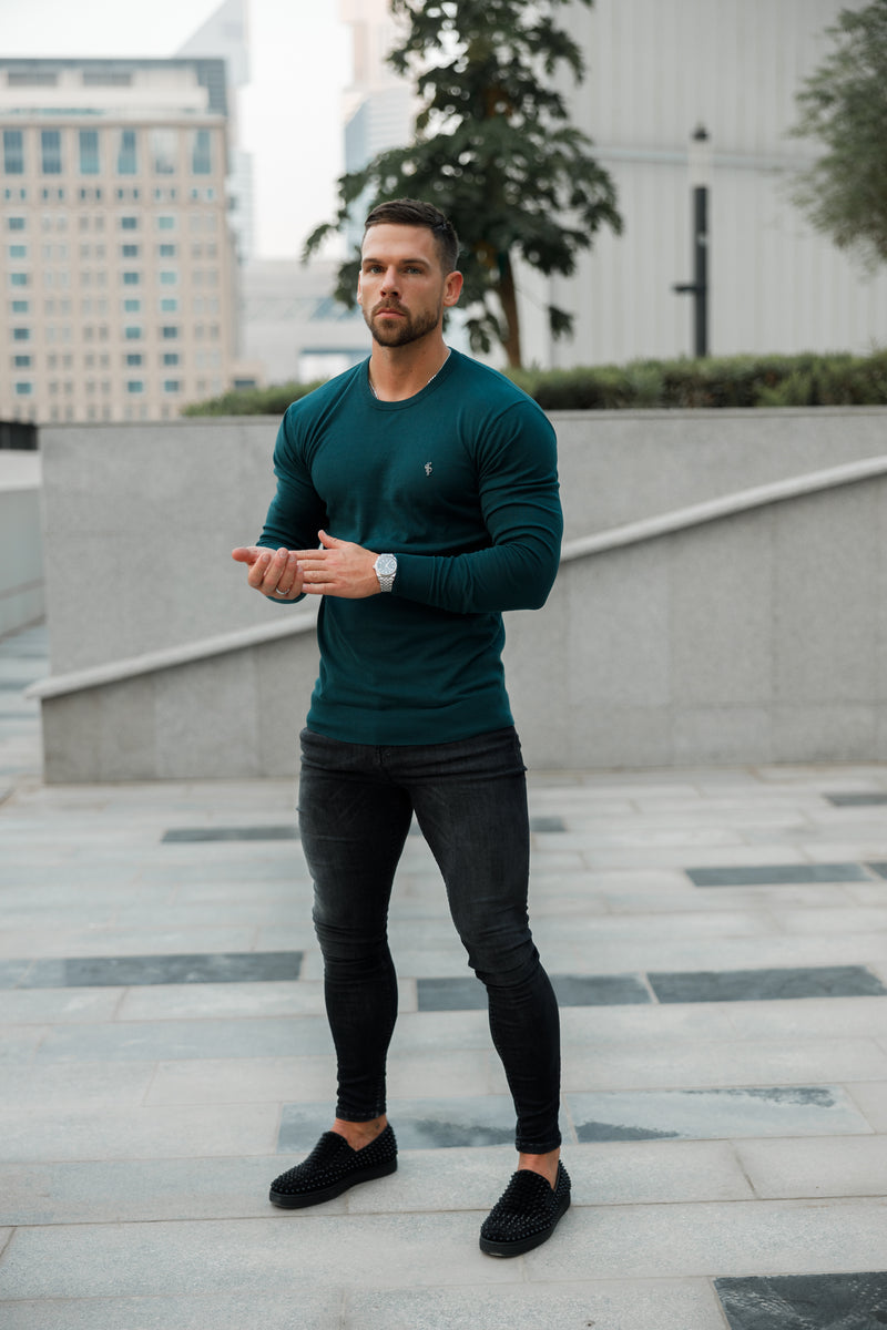 Father Sons Classic Forest Green Light Weight Knitted Crew Neck Sweater with Metal Decal - FSN095