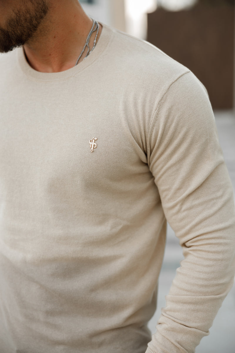 Father Sons Classic Beige Light Weight Knitted Crew Neck Sweater with Gold Metal Decal - FSN093