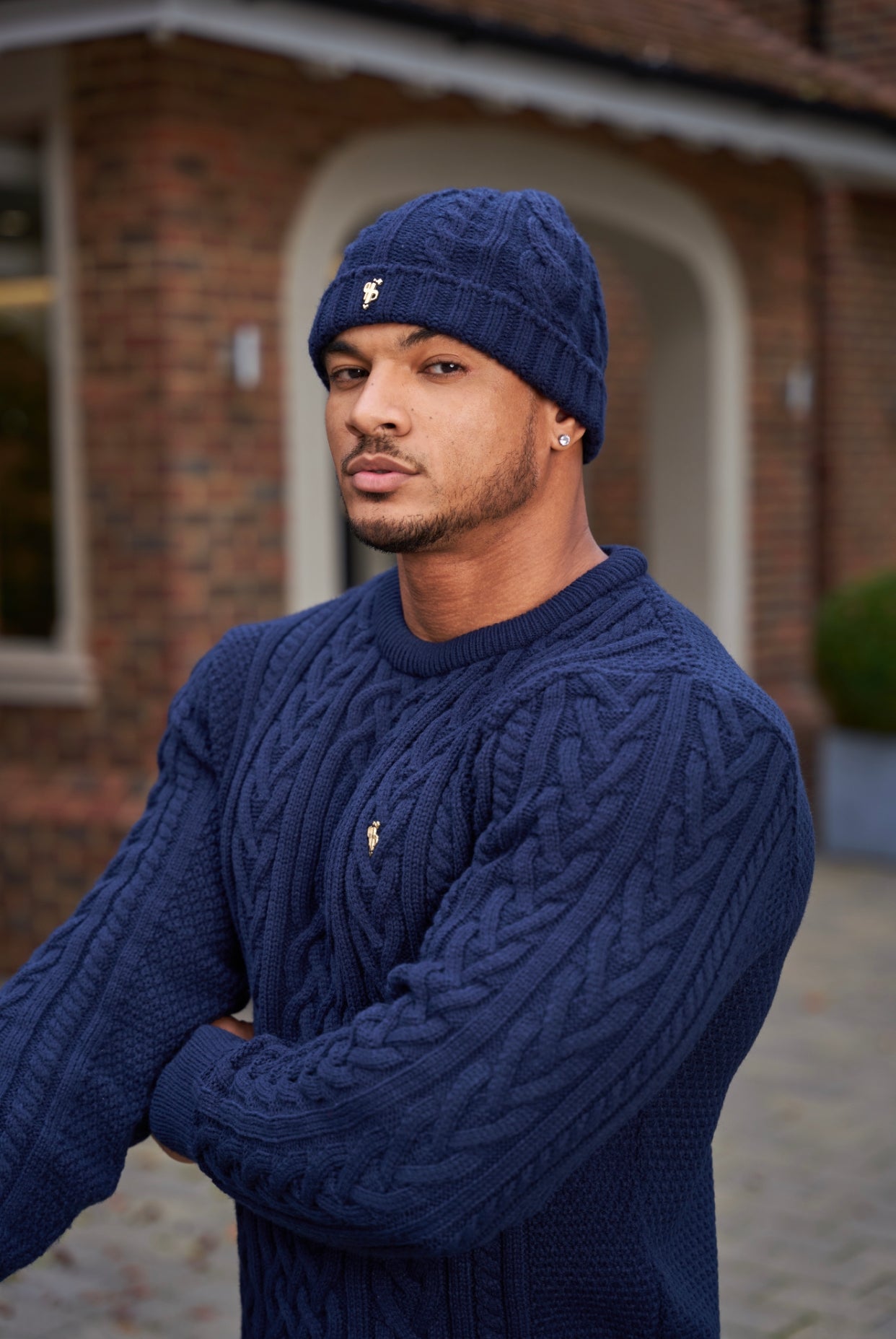 Navy Beanie Hat With Metal Emblem - FSJ059