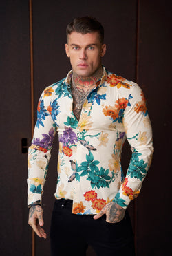 Father Sons Super Slim Stretch Ecru with Vibrant Floral Print Long Sleeve with Button Down Collar - FS858