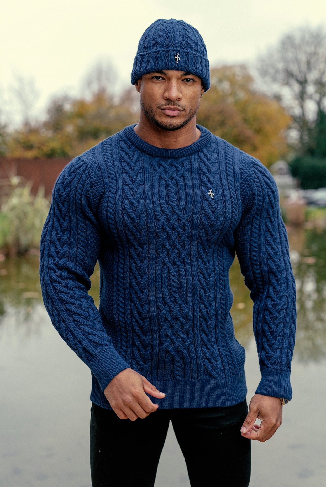 Father Sons Royal Blue Twisted Braid Weave Super Slim Sweater With Gunmetal Decal - FSJ042