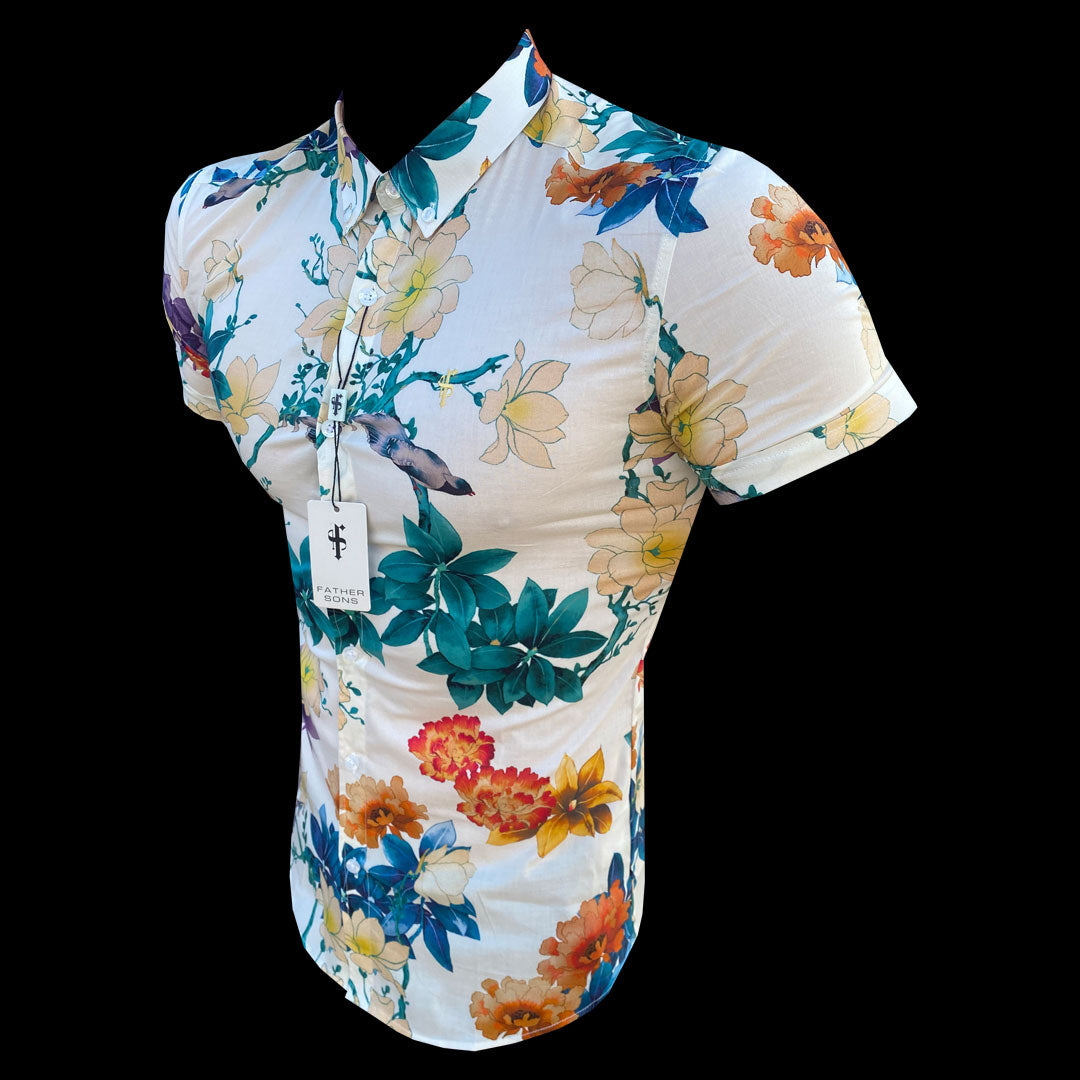 Super Slim Stretch Ecru with Vibrant Floral Print Short Sleeve with Button Down Collar - FS865