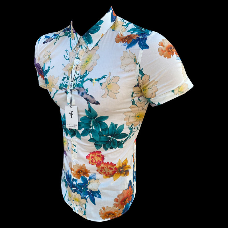 Father Sons Super Slim Stretch Ecru with Vibrant Floral Print Short Sleeve with Button Down Collar - FS865