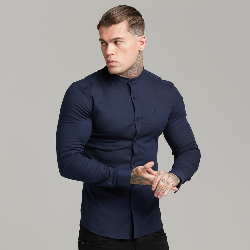 Father Sons Super Slim Stretch Grandad Collar Classic Navy Oxford  Long Sleeve - FS583