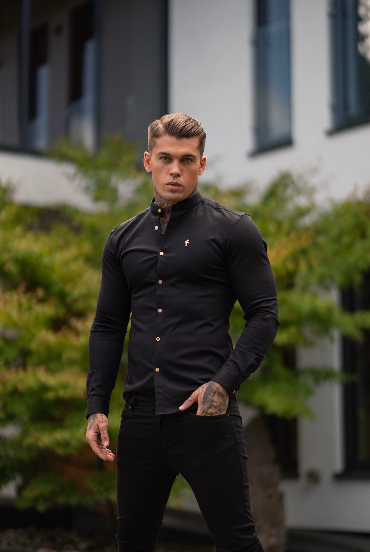 Super Slim Stretch Black Denim Long Sleeve Grandad collar with Metal Buttons and Decal Emblem - FS707