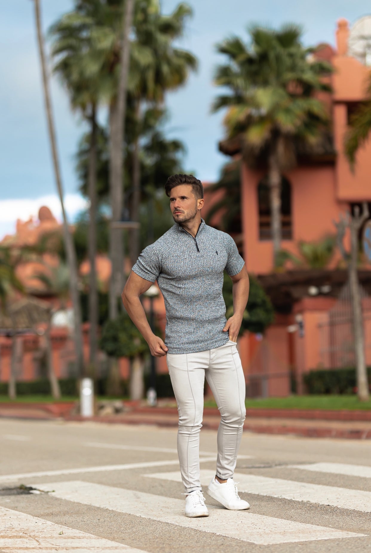 Classic Grey Ribbed Zip Funnel Neck Raglan Short Sleeve Crew - FSH730