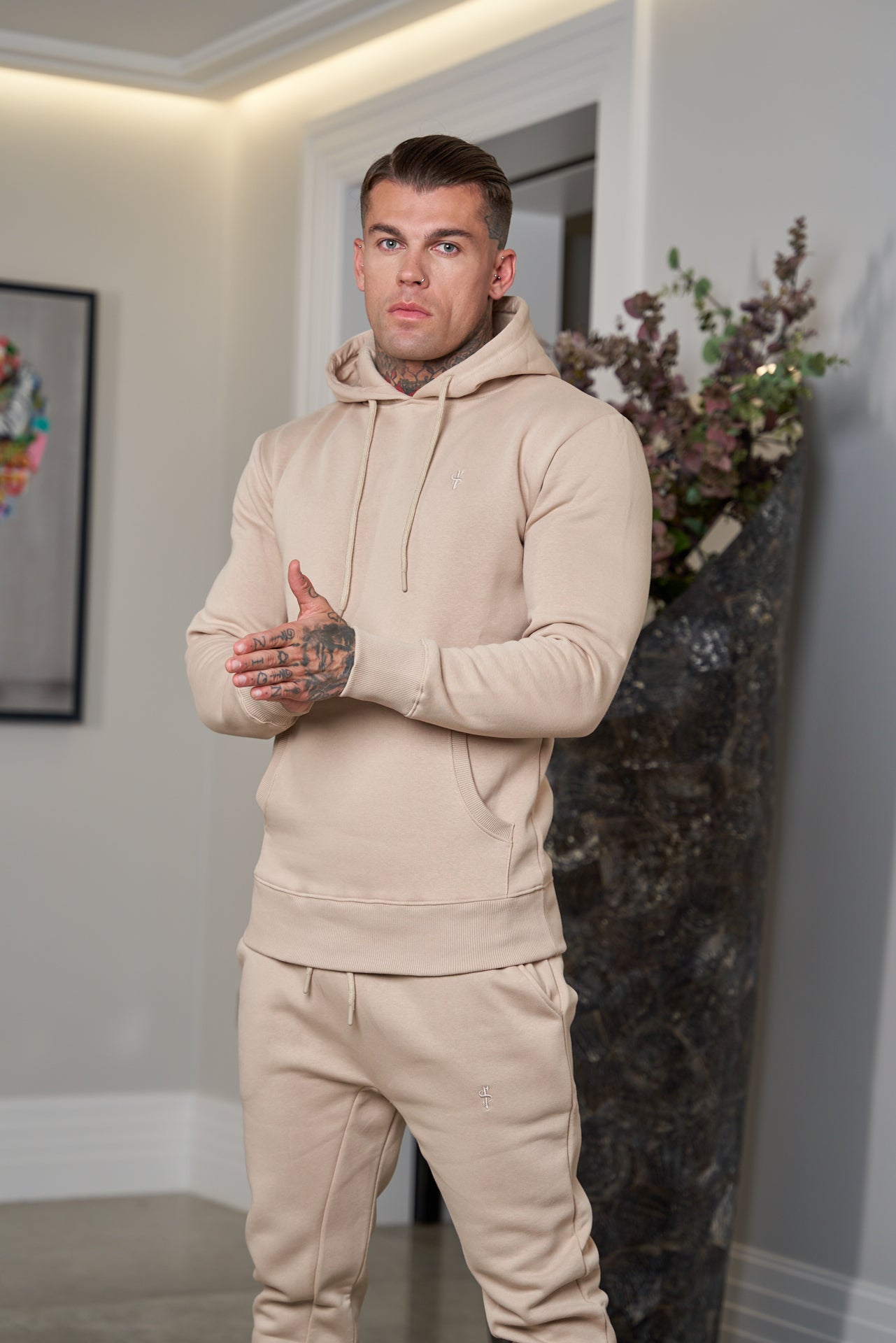 Beige Kangaroo Hoodie Top with FS Embroidery - FSH695