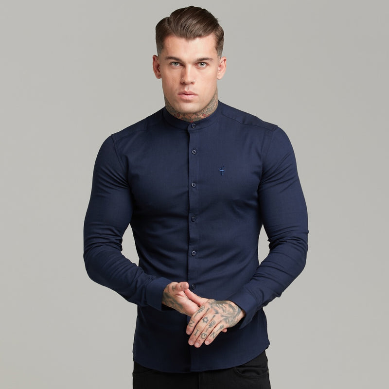 Father Sons Super Slim Stretch Grandad Collar Classic Navy Oxford  Long Sleeve - FS583