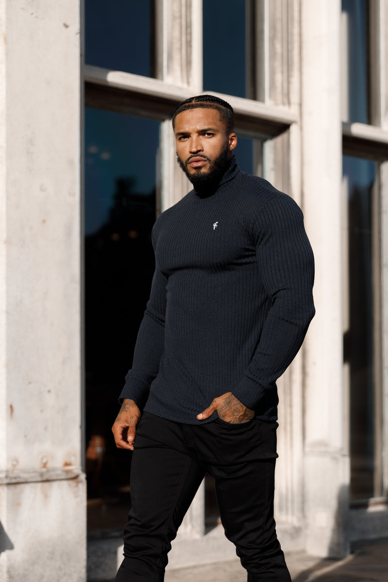 Father Sons Classic Navy Ribbed Knit Roll neck Sweater - FSH778