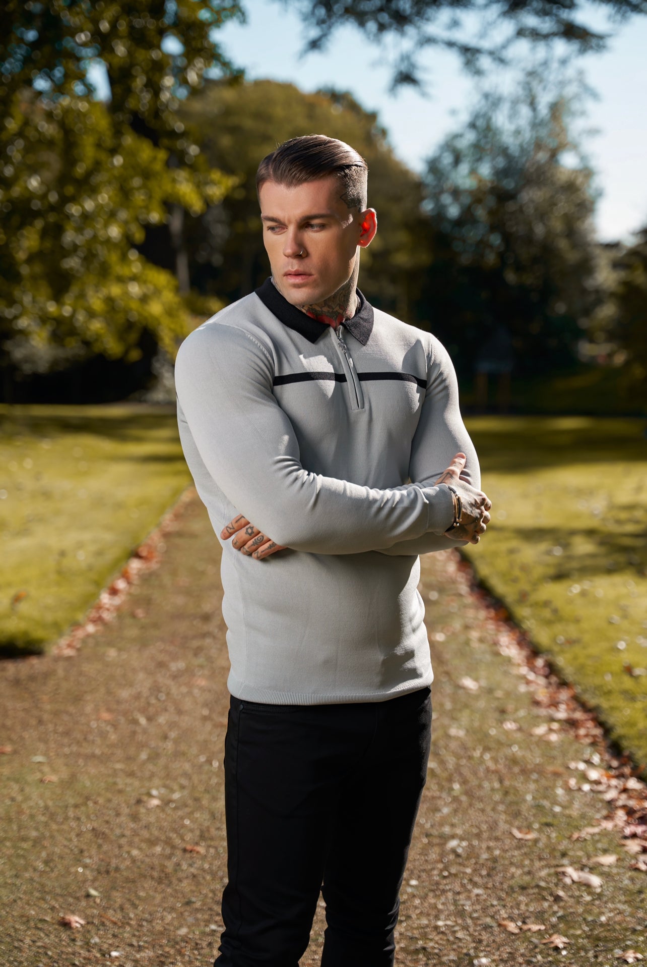 Classic Silver Grey / Black Horizontal Stripe Zipped Polo Long Sleeve - FSN049