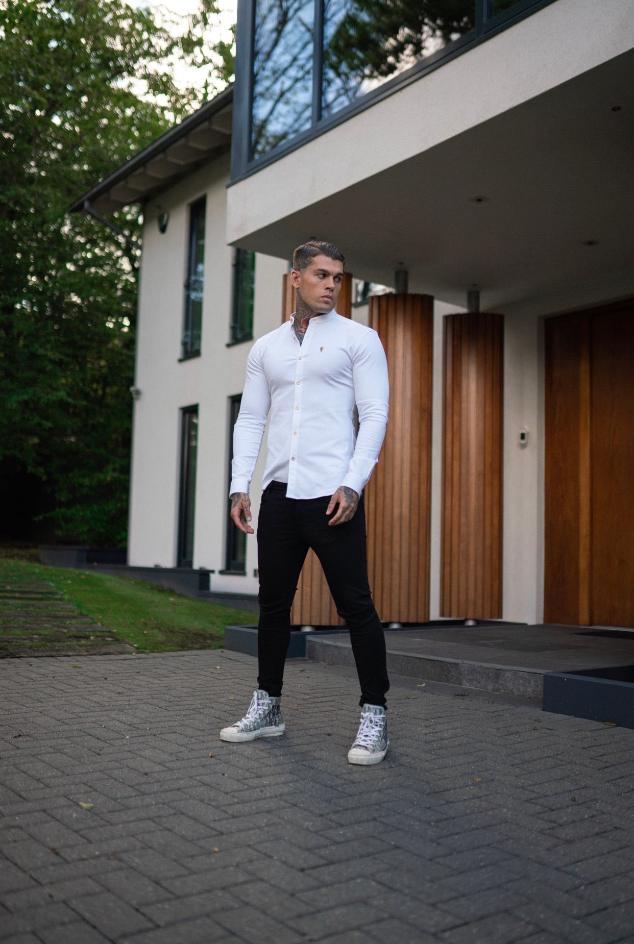 Super Slim Stretch White Denim Long Sleeve Grandad collar with Metal Buttons and Decal Emblem - FS719