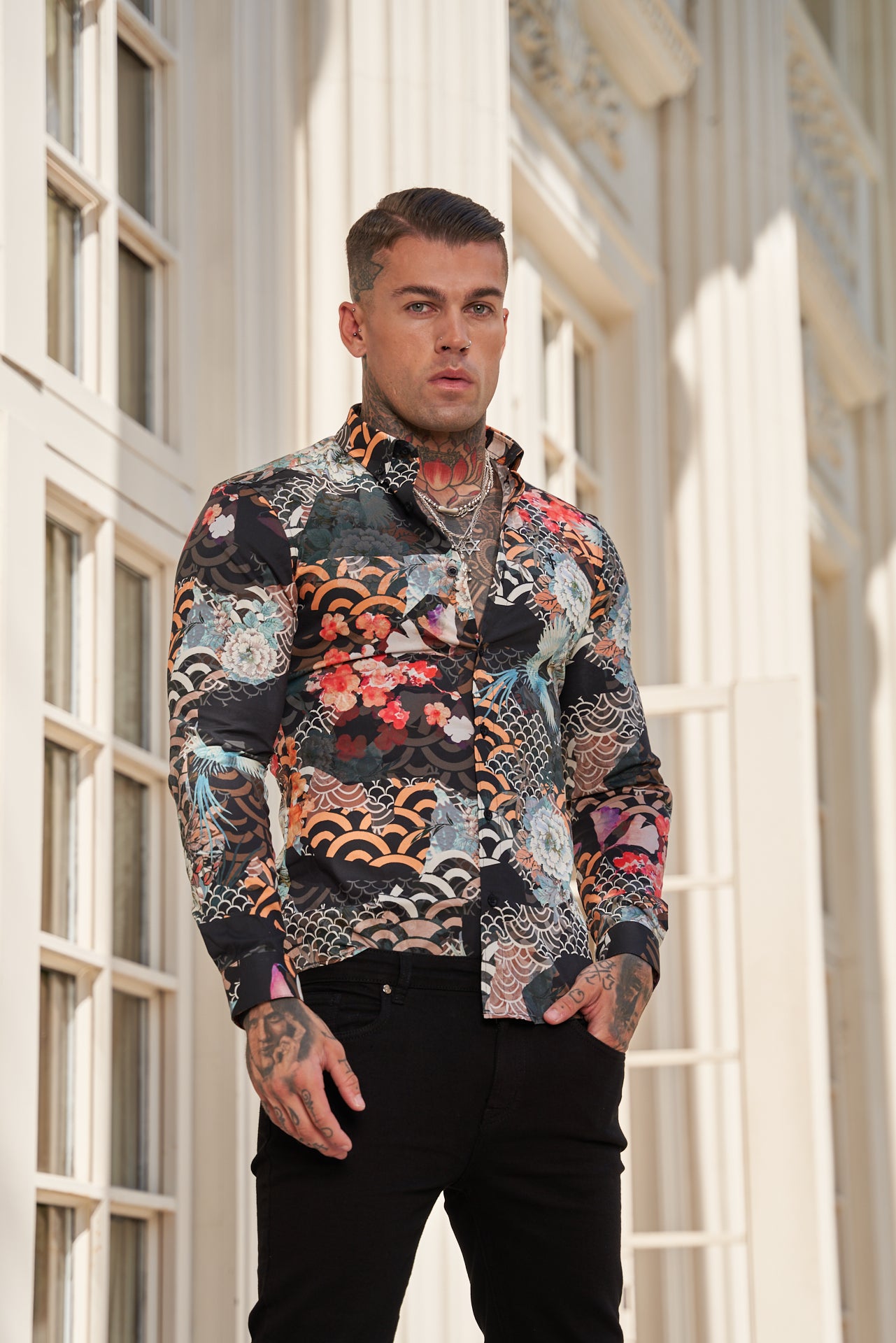 Super Slim Stretch Multi Oriental Print Long Sleeve with Button Down Collar - FS771