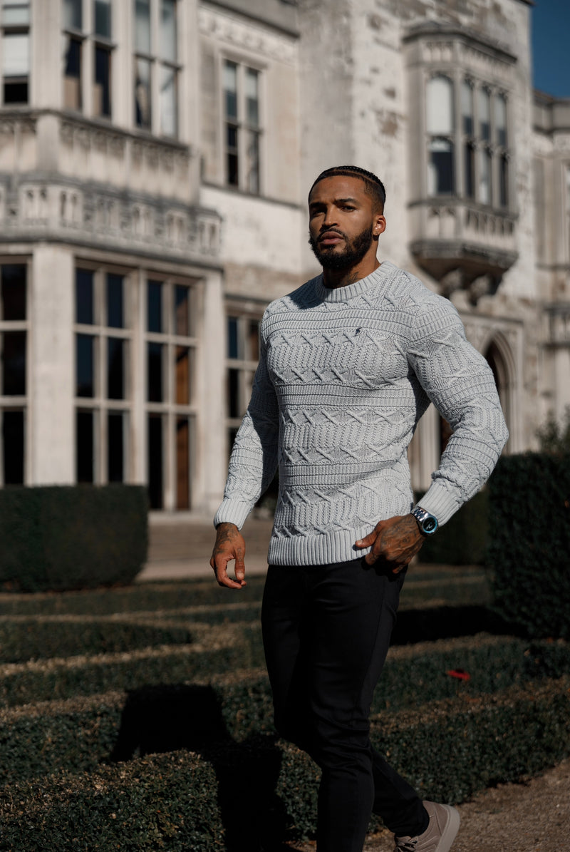 Father Sons Greyl Knitted Cable Link Crew Super Slim Sweater With Metal Decal - FSN072