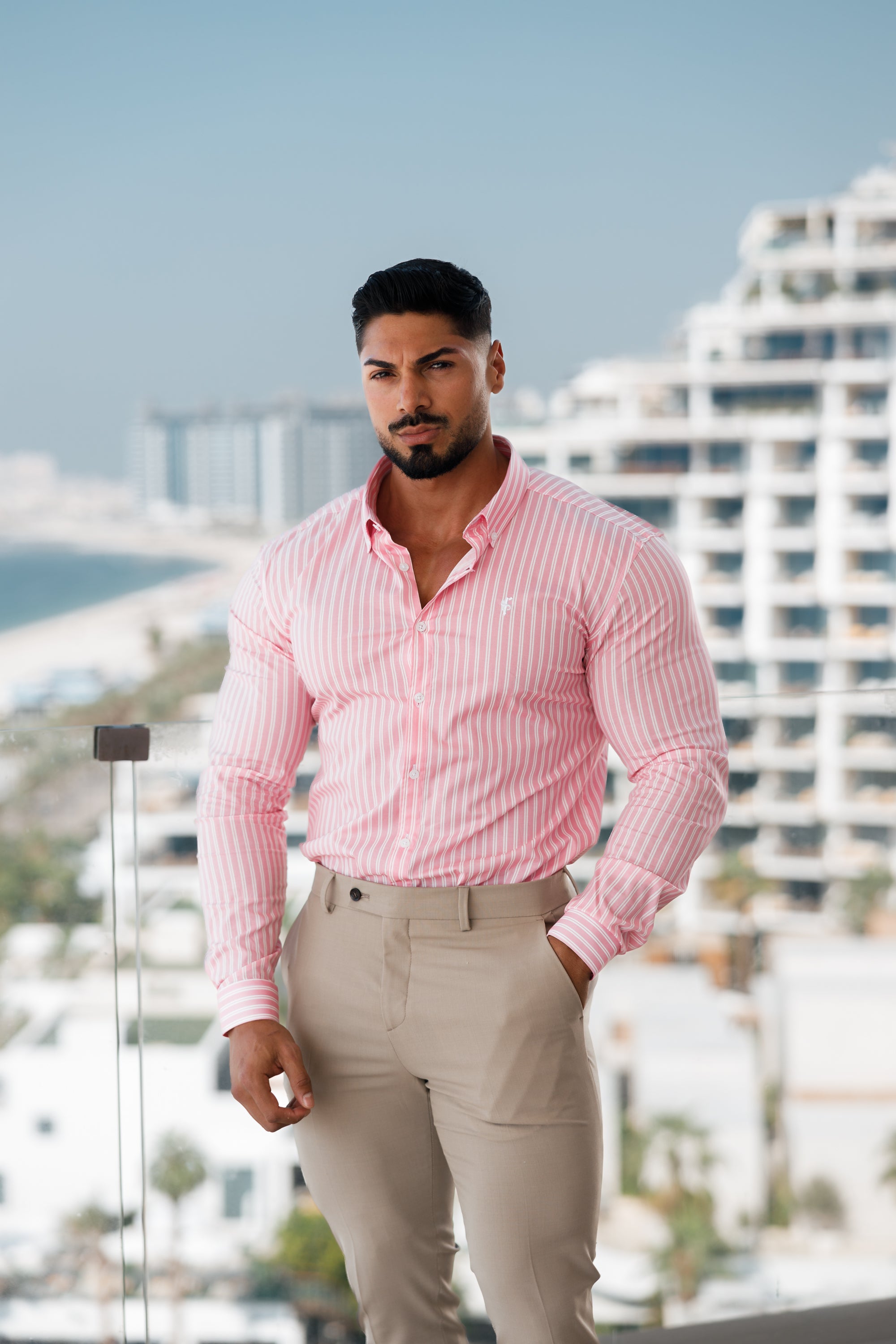 Super Slim Stretch White / Pink Stripe Print Long Sleeve with Button Down Collar - FS888