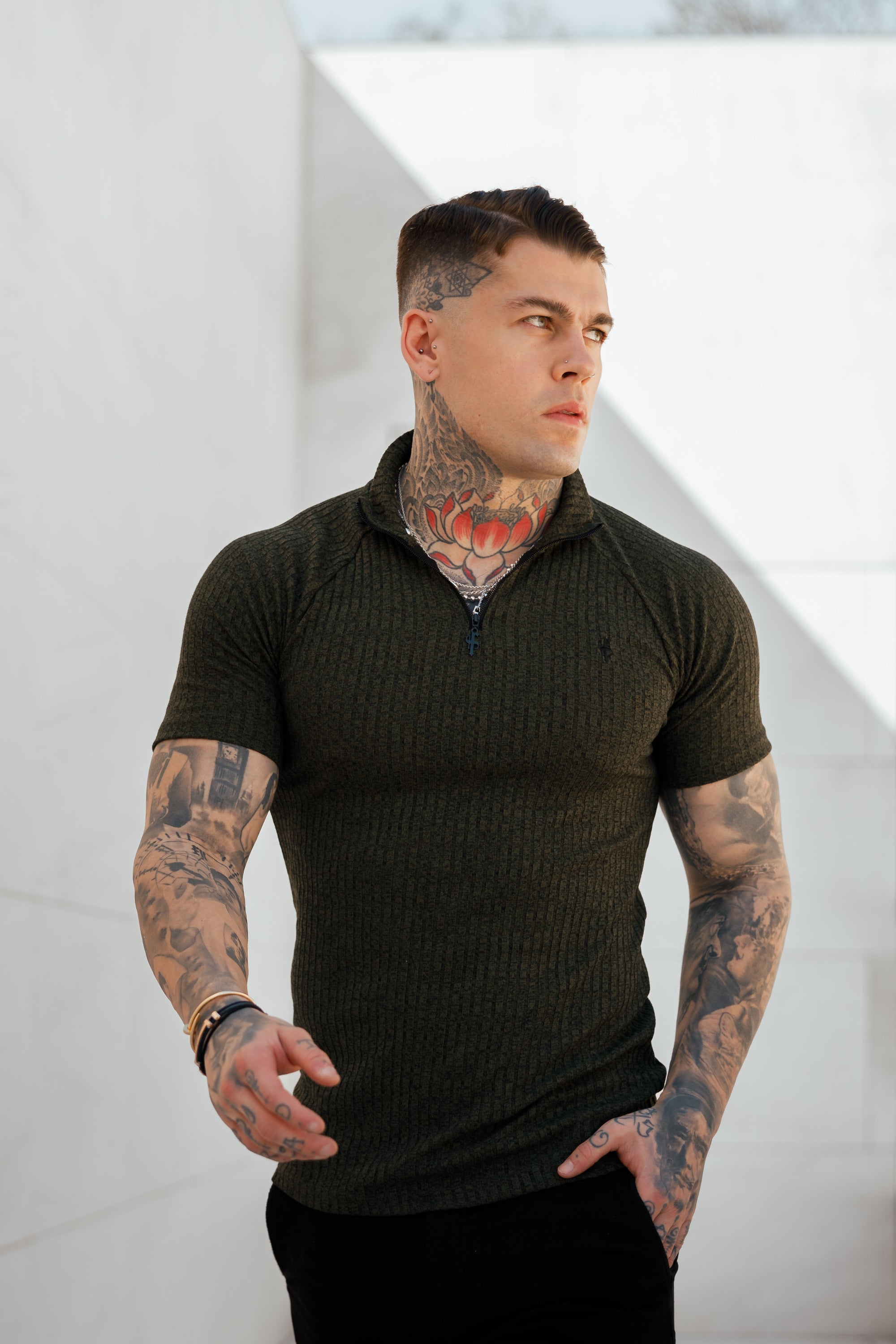 Classic Khaki Ribbed Zip Funnel Neck Raglan Short Sleeve Crew - FSH731