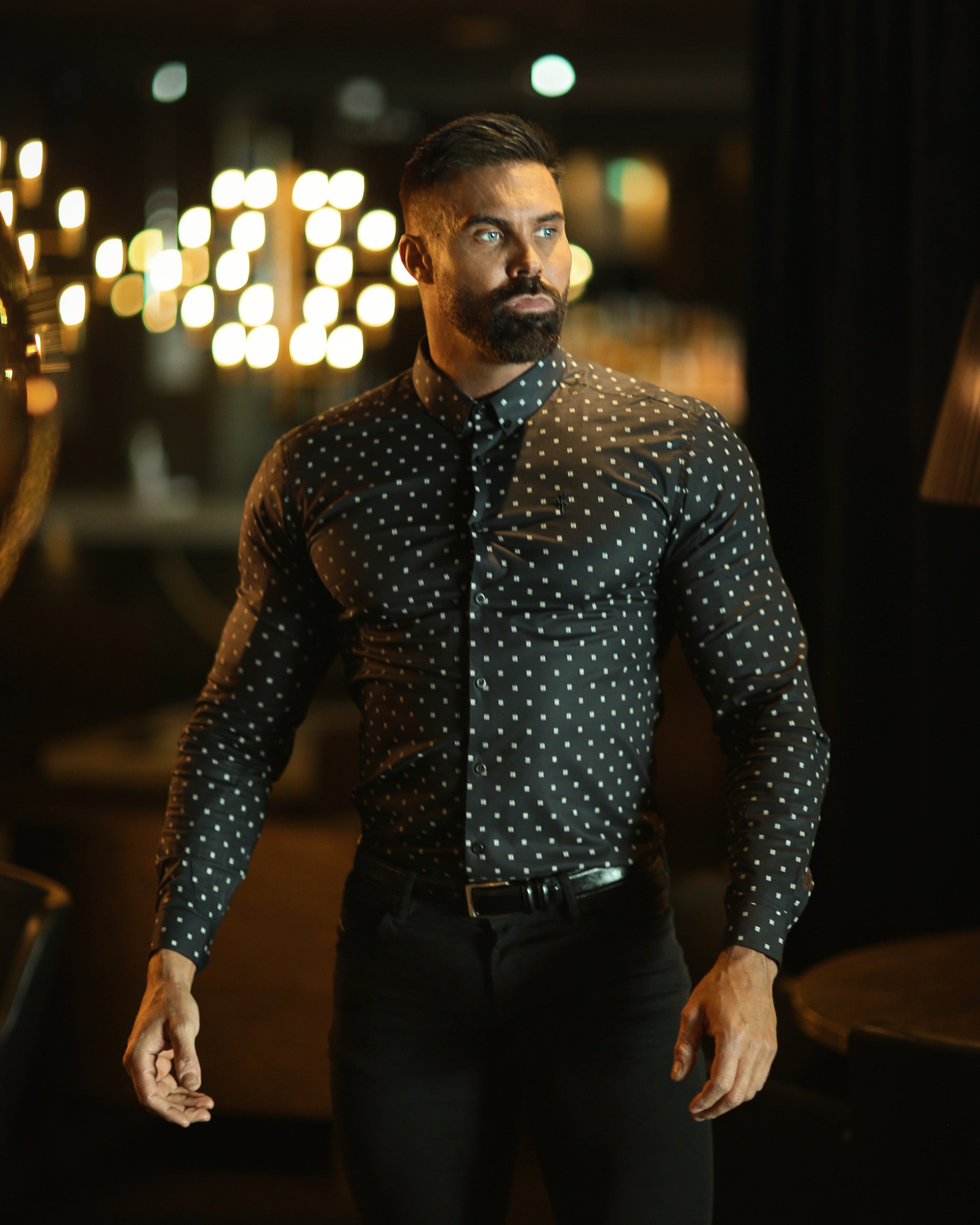 Super Slim Stretch Charcoal & Off White Broken Square Print Long Sleeve - FS663