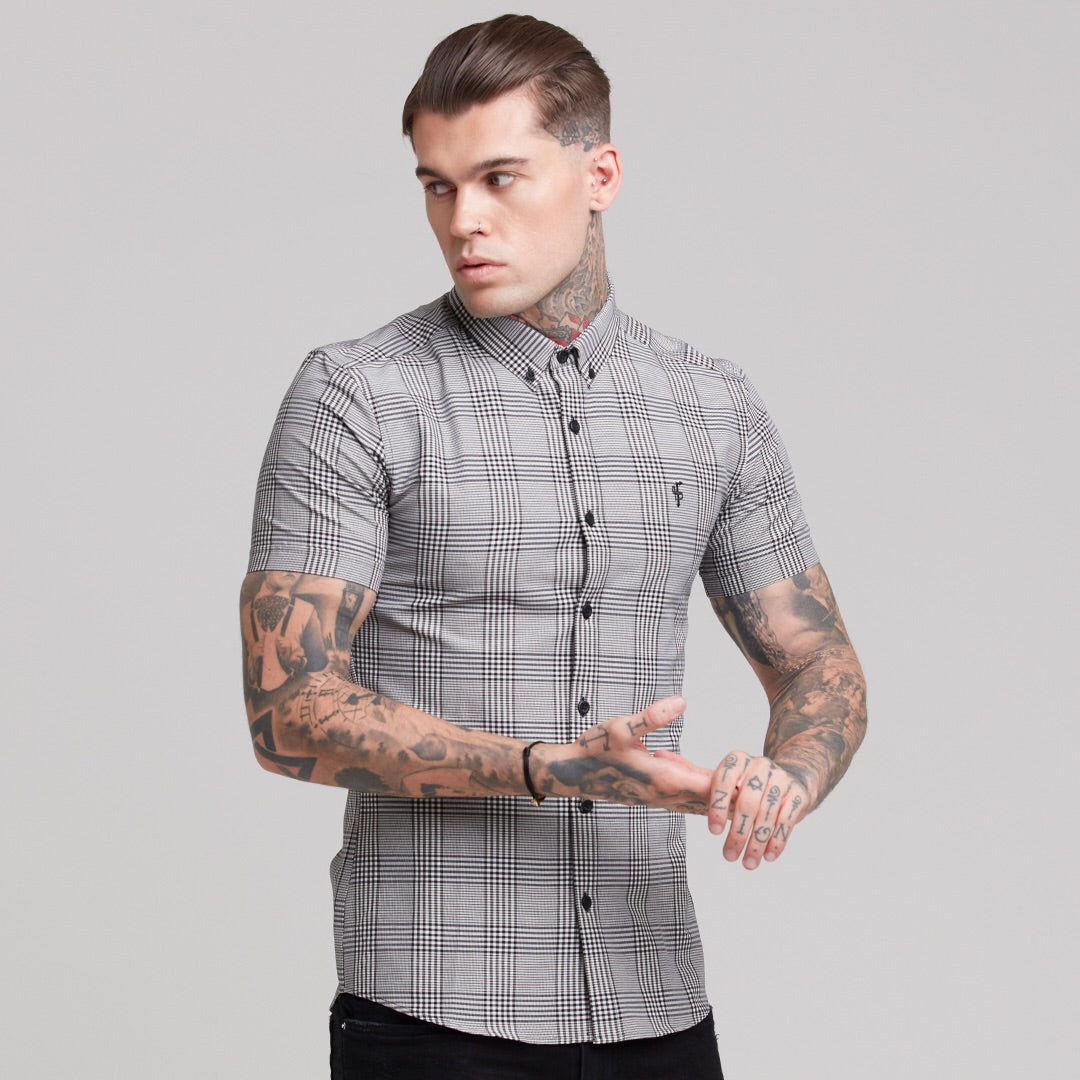 Super Slim Stretch Prince Of Wales White and Black Check Short Sleeve - FS460