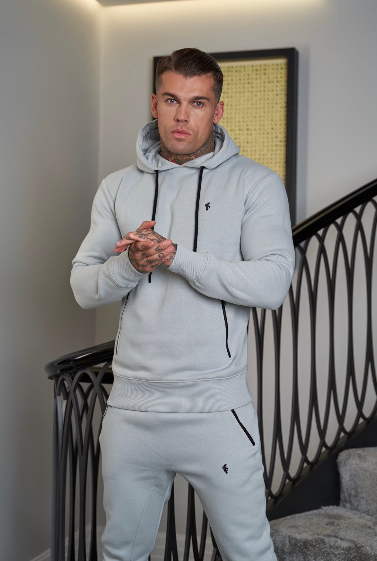 Stone Grey / Black Overhead Hoodie Top with Zipped Pockets - FSH717