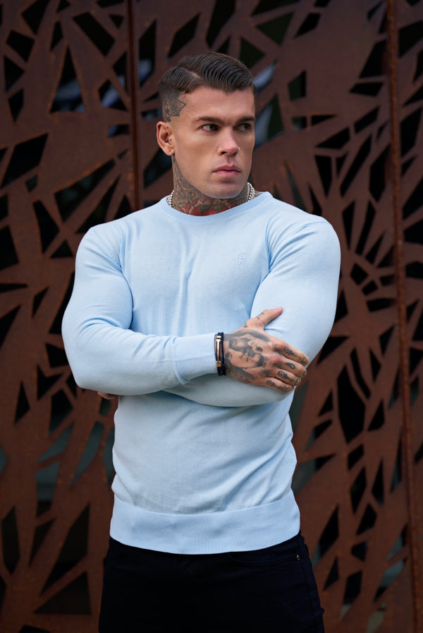 Father Sons Classic Sky Blue Light Weight Knitted Crew Neck Sweater with Blue Embroidery - FSN091