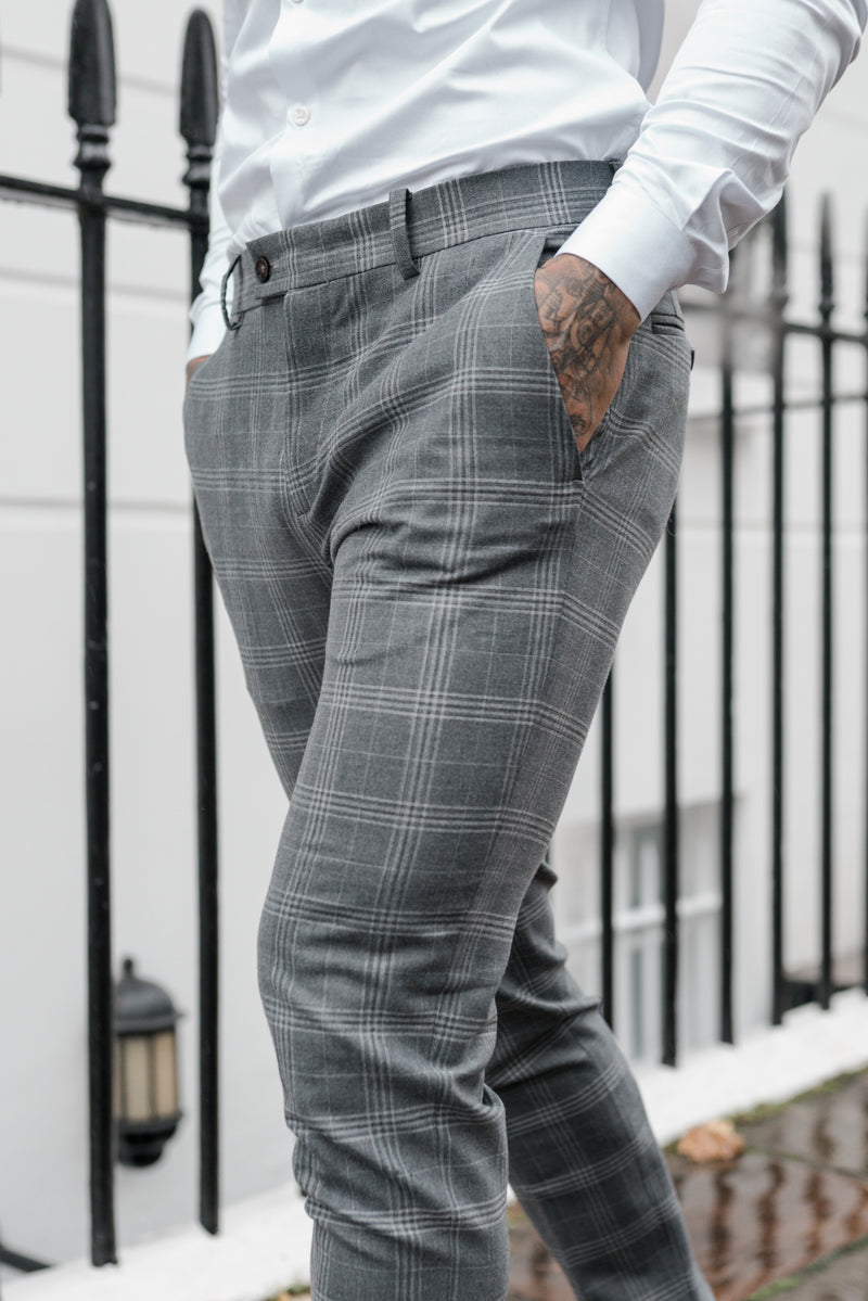 Father Sons Slim Formal Large Silver Grey Check Stretch Pants - FST005