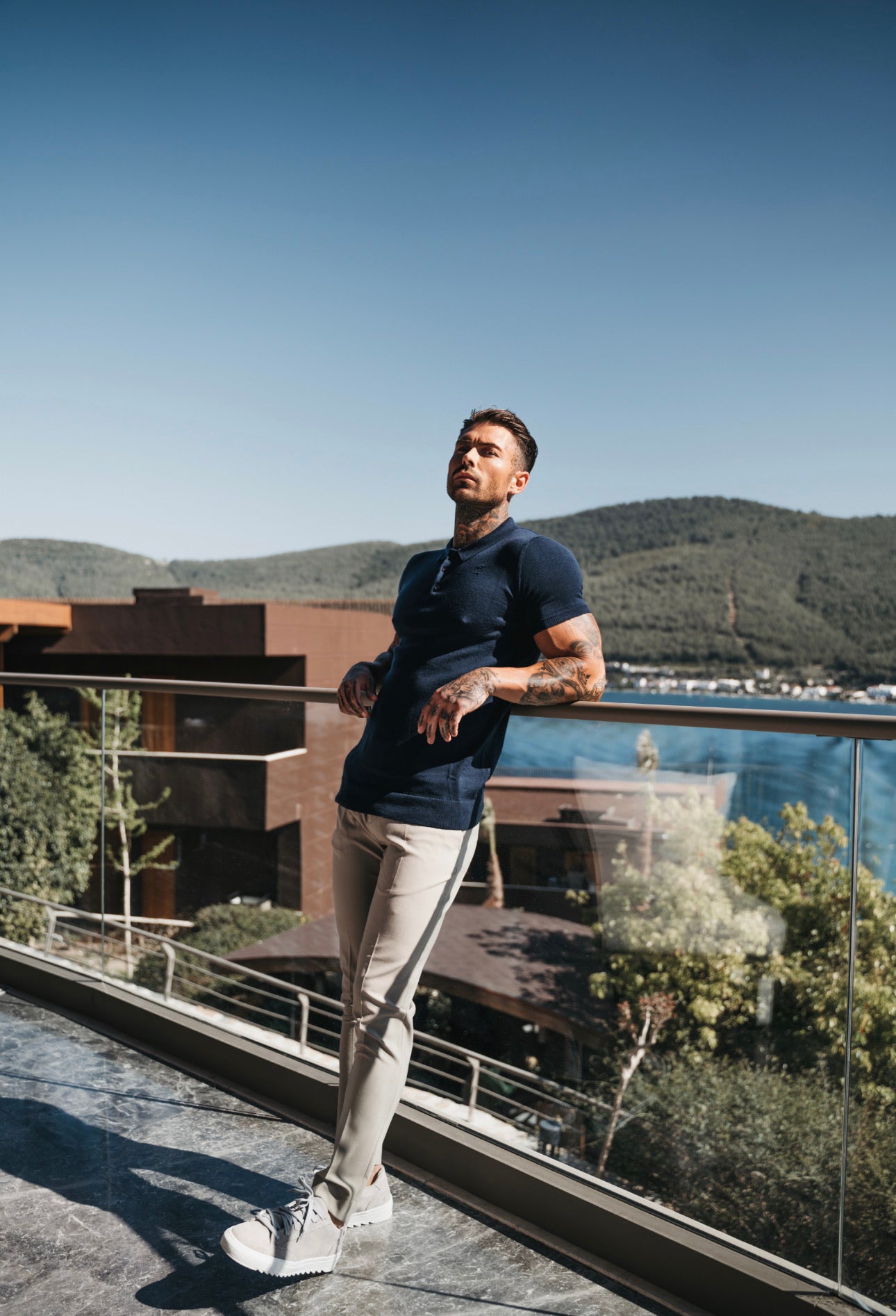 Classic Navy Merino Wool Knitted Polo Jumper Short Sleeve With FS Embroidery- FSN026
