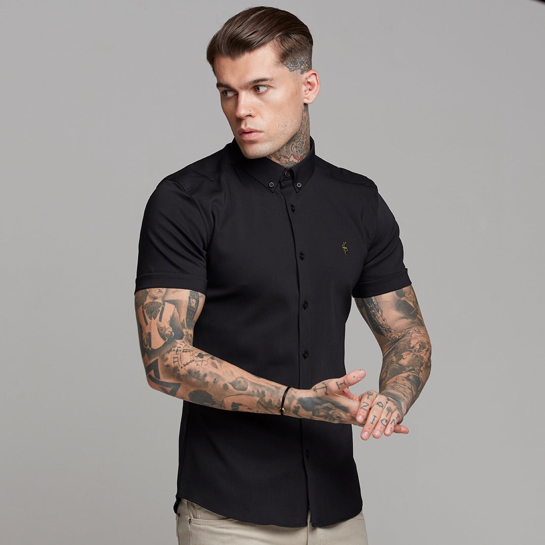 Super Slim Ultra Stretch Classic Black Short Sleeve (Khaki Embroidery) -  FS481