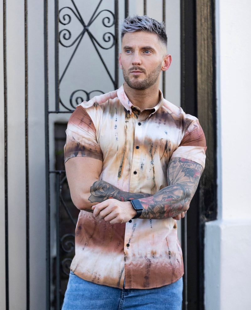 Father Sons Super Slim Stretch Neutral Tie Dye Print Short Sleeve with Button Down Collar - FS813