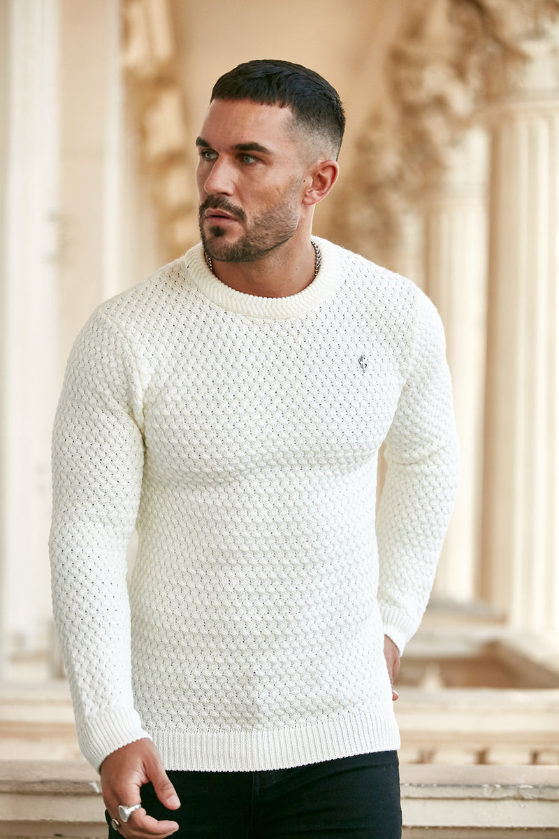 Father Sons Cream Knitted Weave Super Slim Sweater With Metal Decal - FSJ012