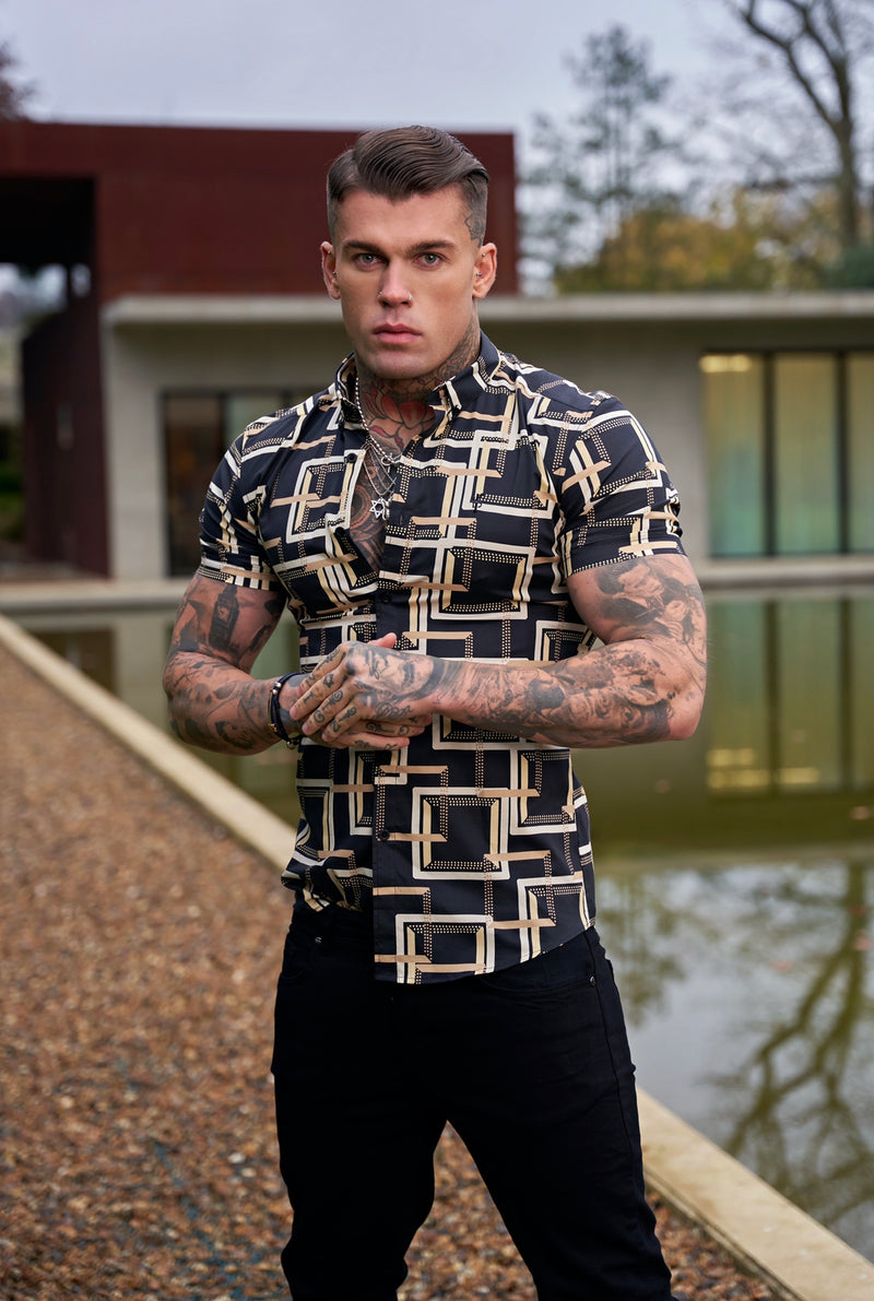 Father Sons Super Slim Stretch Black / Cream Interlinked Square Print Short Sleeve with Button Down Collar - FS851