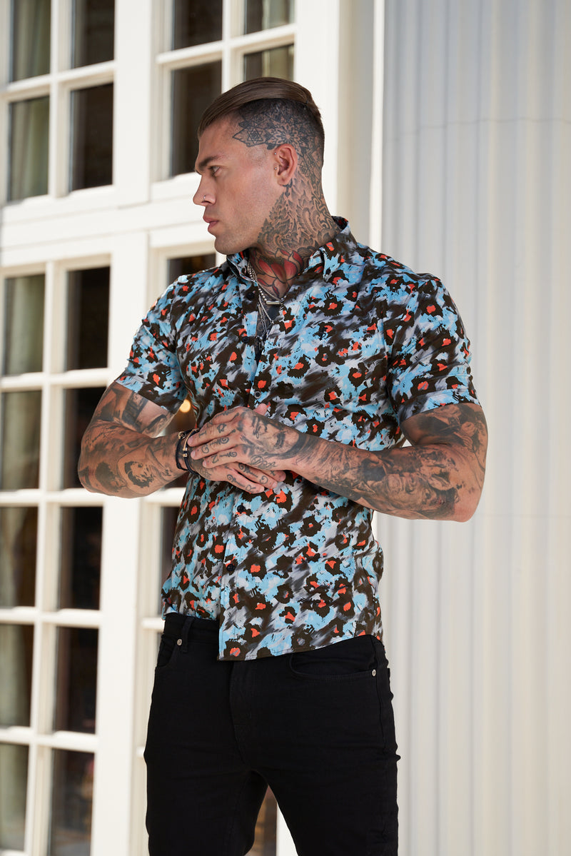 Father Sons Super Slim Stretch Multi Colour Abstract Leopard Print Short Sleeve with Button Down Collar - FS790