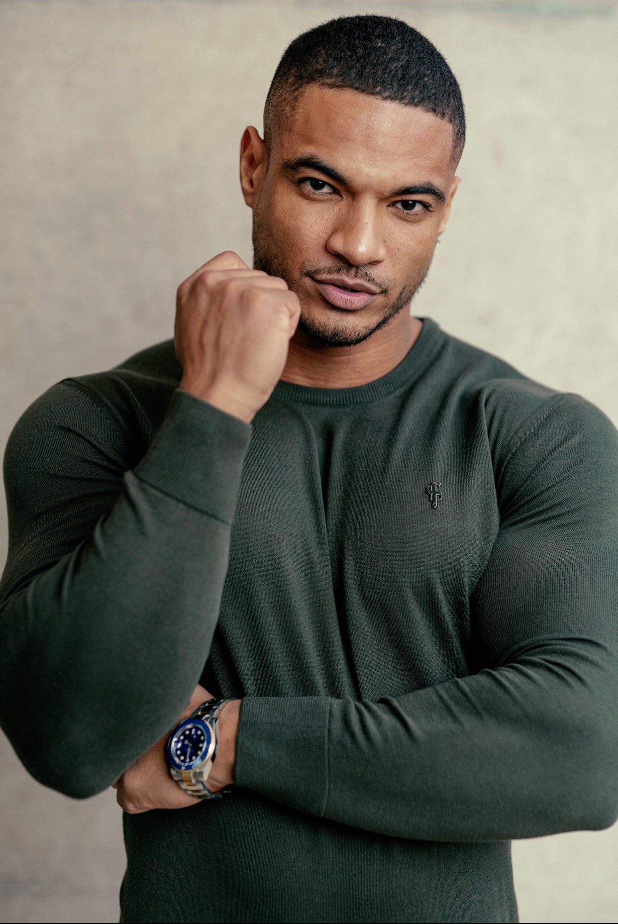 Classic Khaki Crew Neck Knitted Jumper with Gunmetal Emblem - FSH671