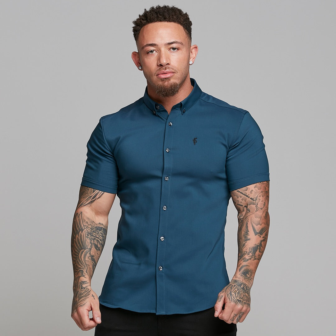 Super Slim Ultra Stretch Classic Teal Short Sleeve (Charcoal Buttons) -  FS485