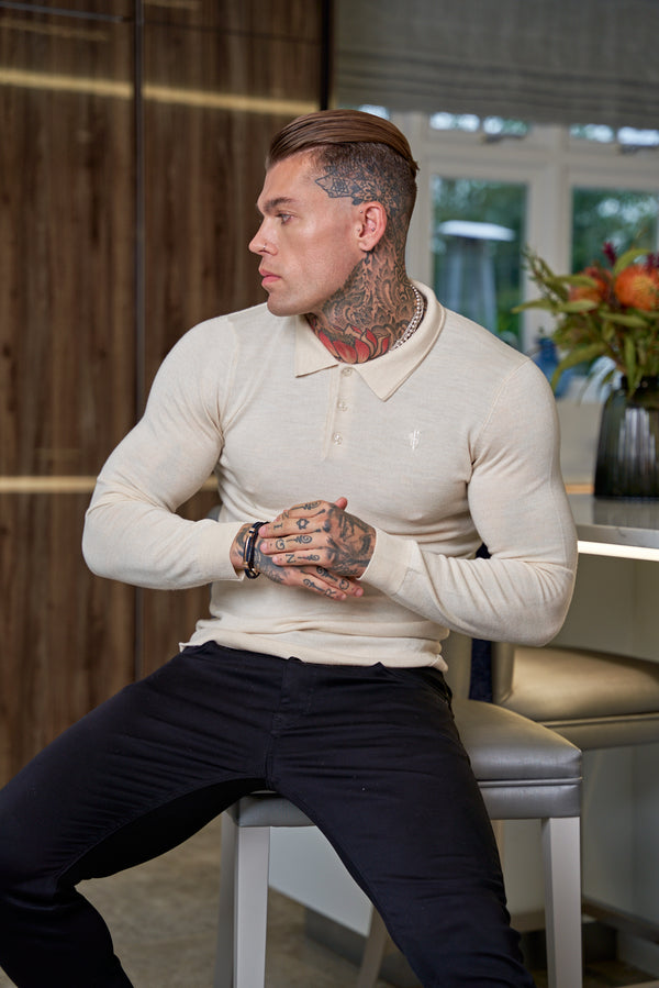 Father Sons Classic Beige Merino Wool Knitted Polo Sweater Long Sleeve With FS Embroidery- FSN016