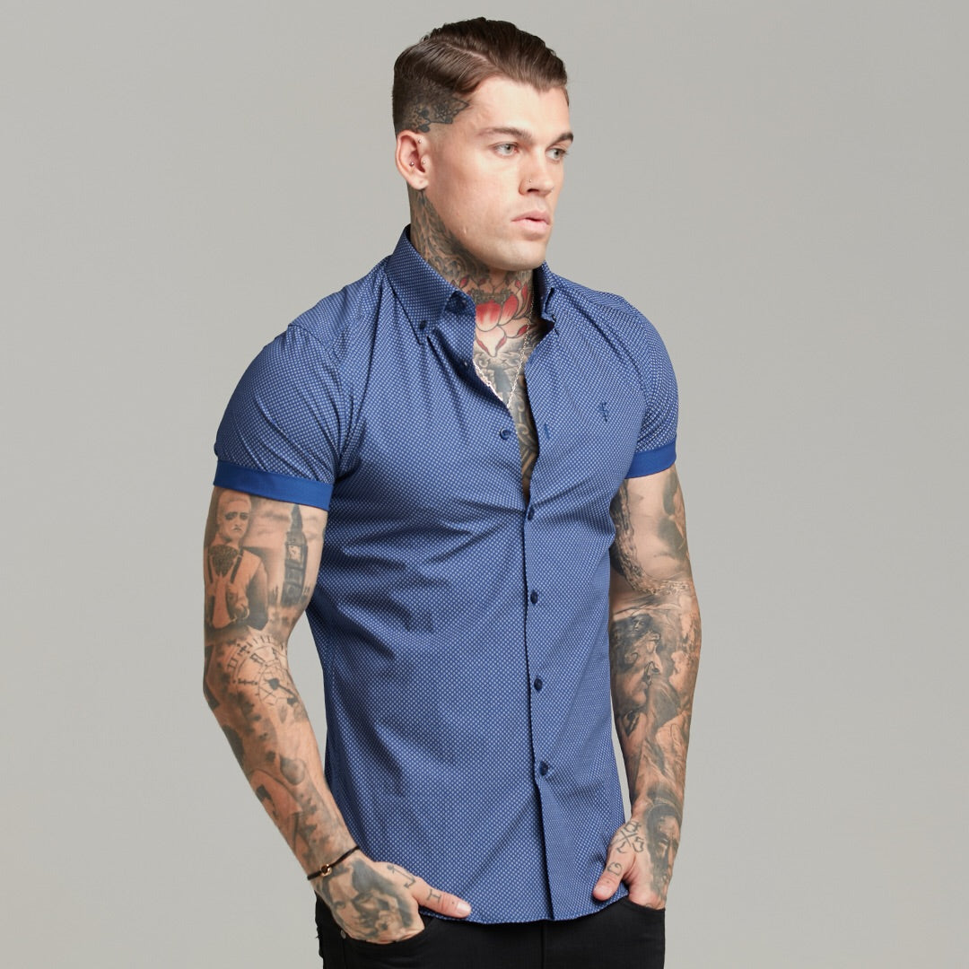 Classic Navy Print Short Sleeve Button Down - FS607