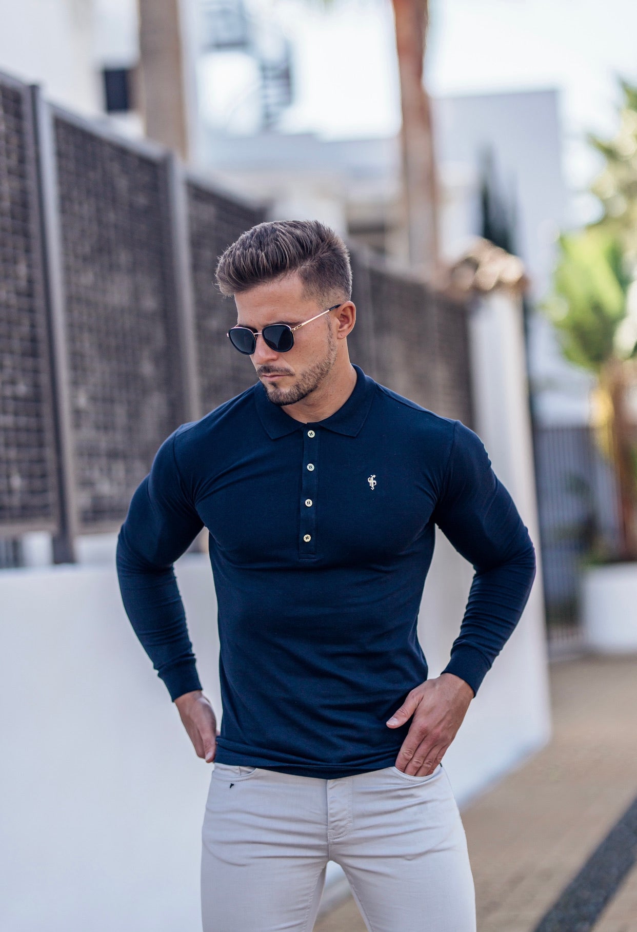 Classic Navy Long Sleeve Polo Shirt with Gold Metal Emblem Decal & Buttons - FSH516