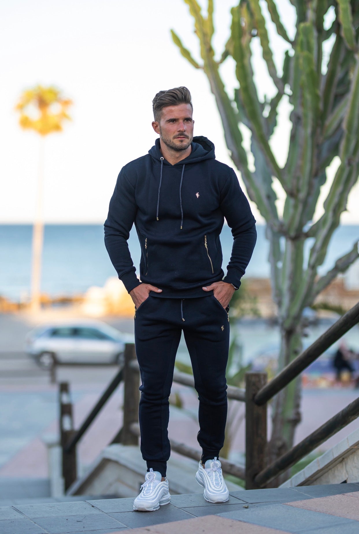 Navy & Gold Overhead Hoodie Top with Zipped Pockets - FSH475
