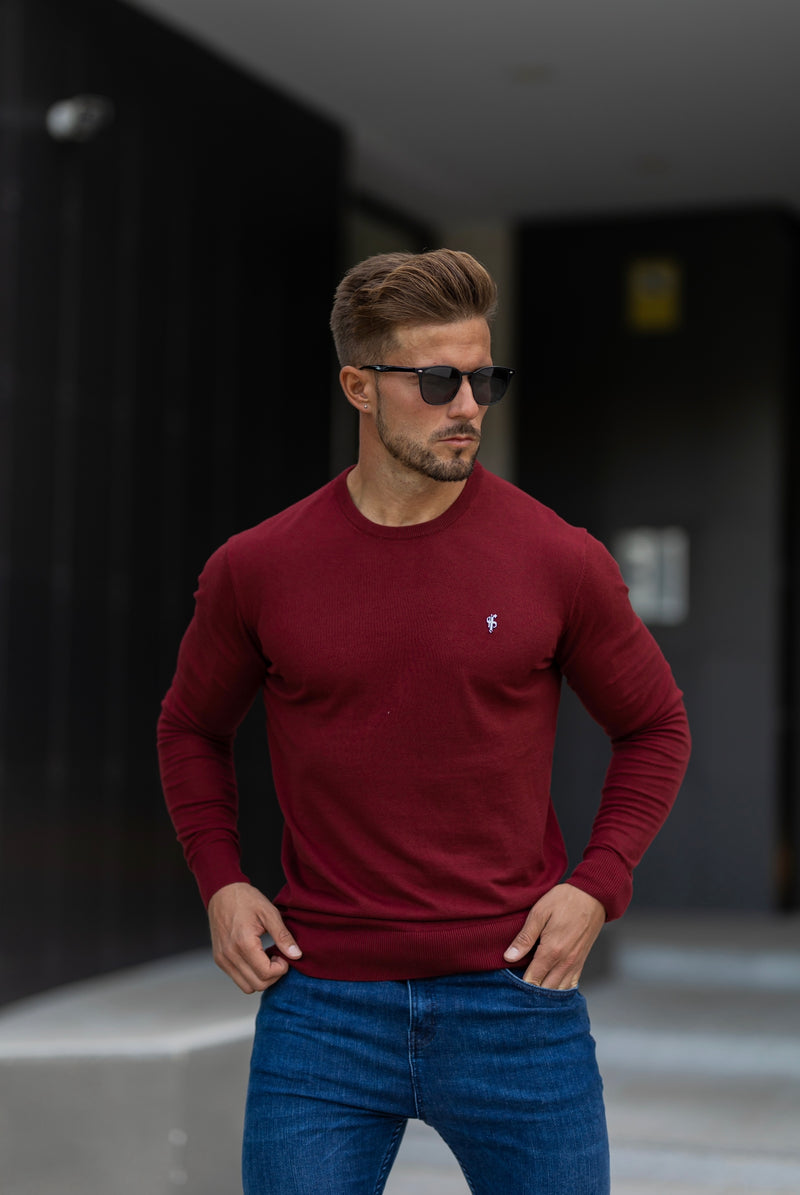 Father Sons Classic Burgundy Light Weight Knitted Crew Neck Sweater with Metal Decal - FSN097