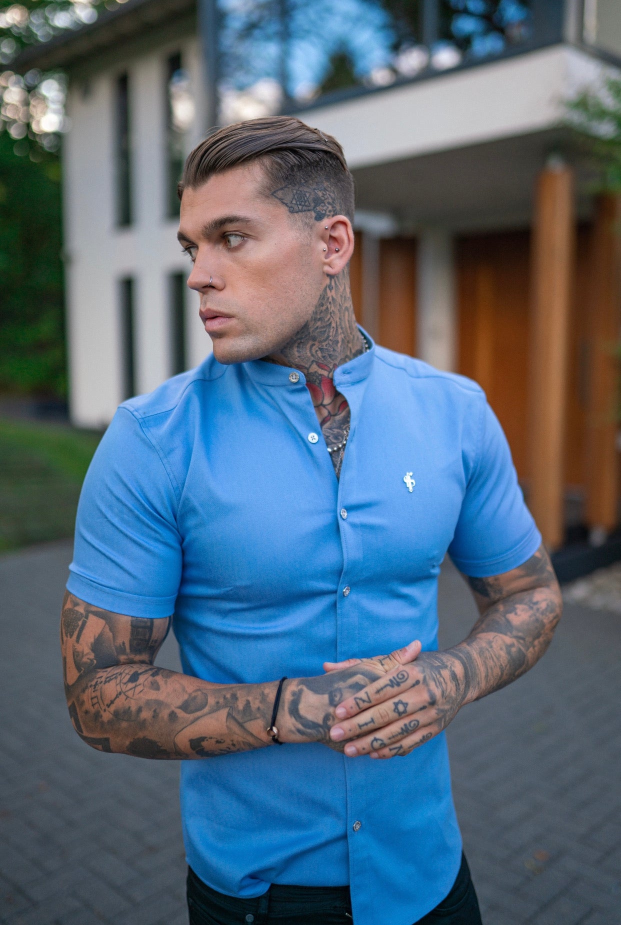 Super Slim Stretch Light Blue Denim Short Sleeve Grandad collar with Silver Metal Buttons and Decal Emblem - FS718