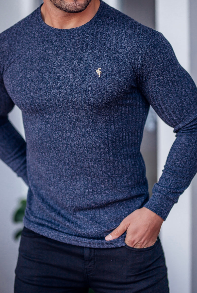 Father Sons Classic Navy Ribbed Knit Sweater With Gold Emblem - FSH539