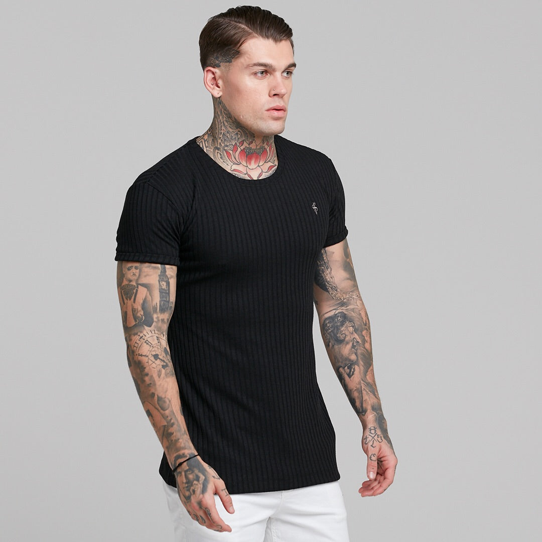 Classic Black Ribbed Knit Super Slim Short Sleeve Crew - FSH241