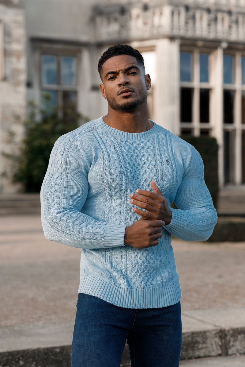 Father Sons Sky Blue Knitted Cable Saddle Crew Super Slim Sweater With Metal Decal - FSN081