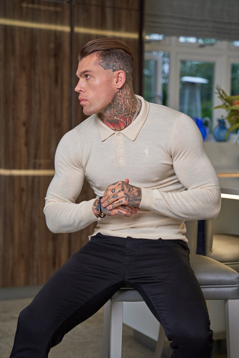 Father Sons Classic Beige Merino Wool Knitted Polo Sweater Long Sleeve With FS Embroidery- FSN016
